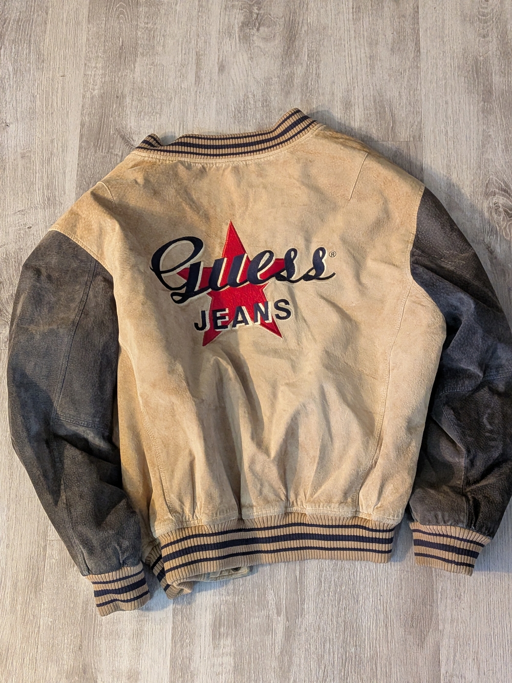 Guess Two-Tone Suede Bomber Jacket in Beige and Dark Gray with Red Logo